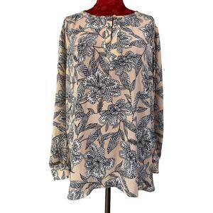 Loft casual top flowing blouse peach black & white floral button neck Size XL